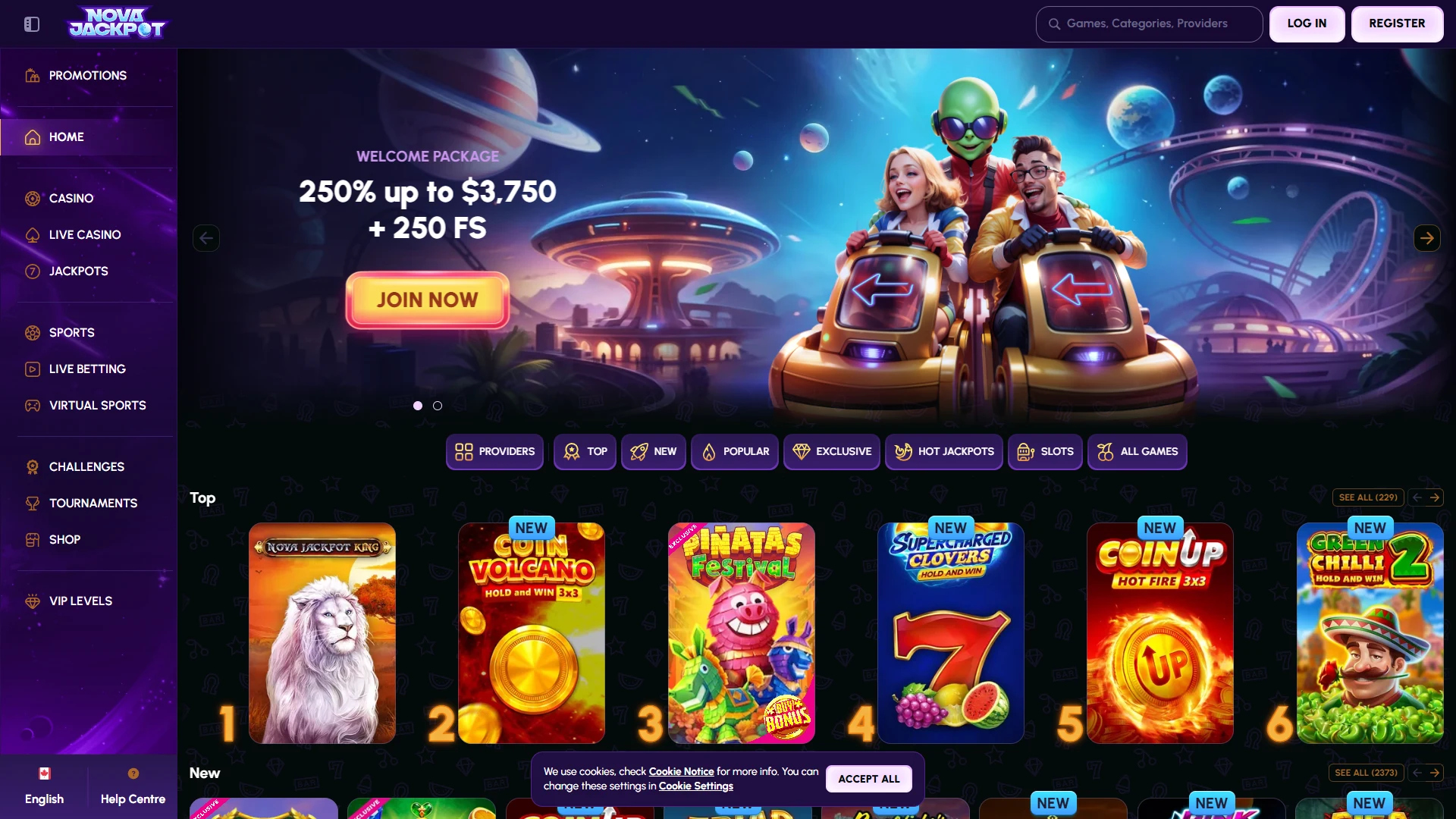 Novajackpot casino lobby on desktop